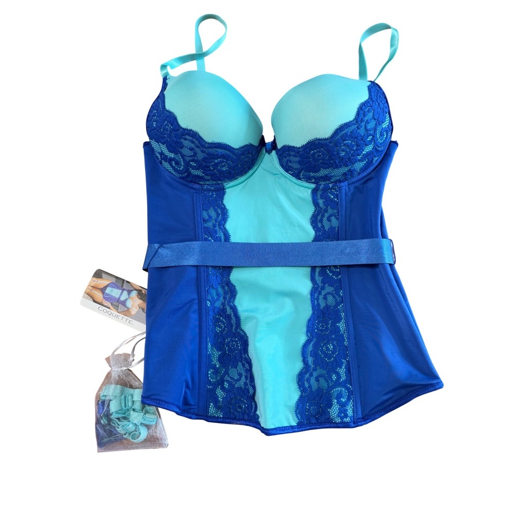 Coquette Blue Aqua Bustier‎ Corset NWT Medium Lace Garter Lingerie Set Y2K